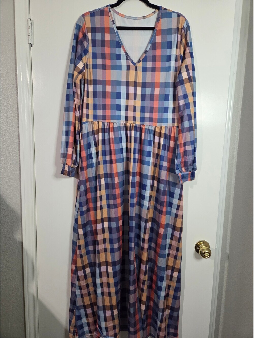 Women's Long Sleeve Plaid Maxi Dress with Pockets XL